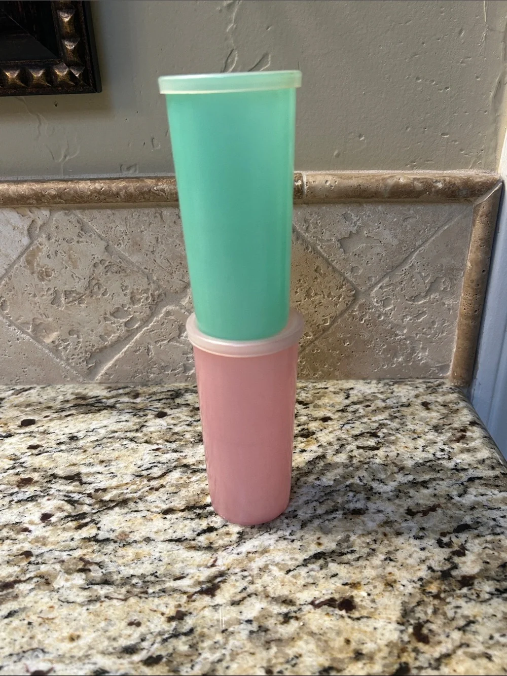 Vintage Tupperware Pink and Teal Tall Storage Cups with Lids